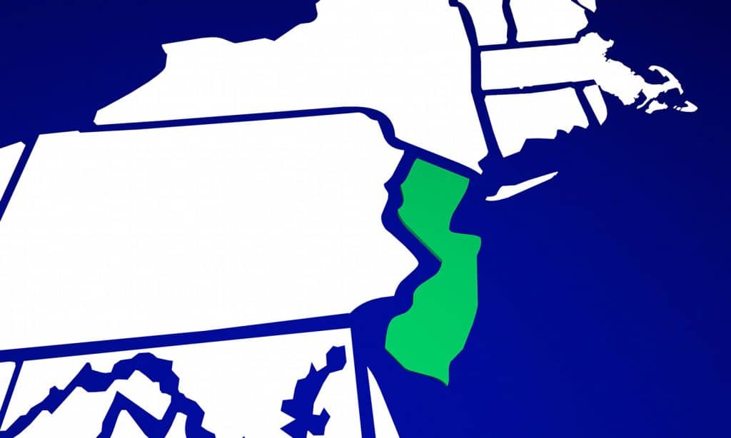 A stylized map highlighting the state of New Jersey in green, surrounded by neighboring states in white, representing a focus on cannabis regulations and dispensary opportunities in New Jersey.