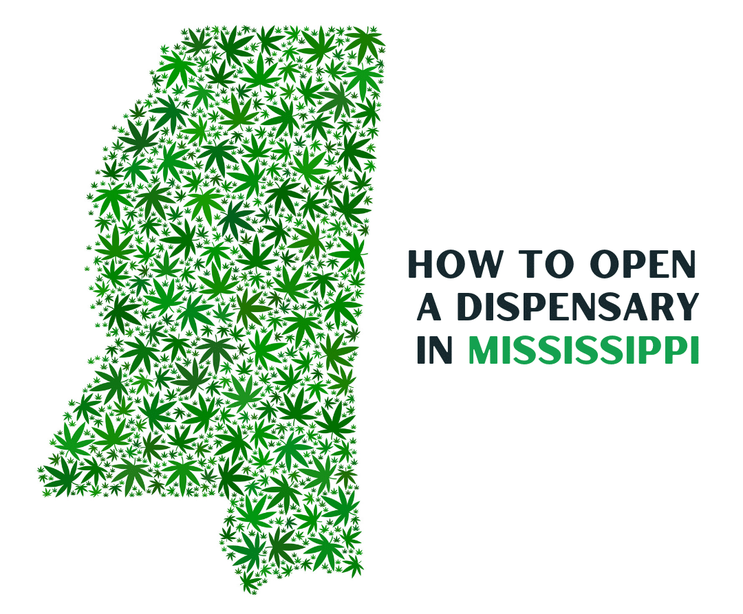 Outline of Mississippi filled with green cannabis leaves, next to the text 'How To Open a Dispensary in Mississippi.'