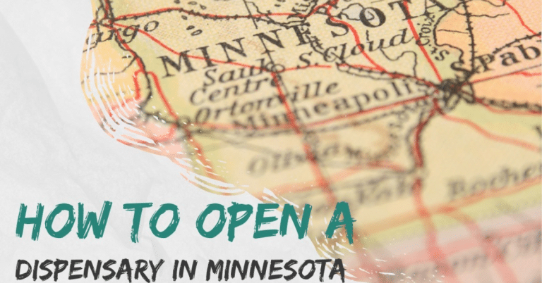 "How to Open a Dispensary in Minnesota" text overlaid on a vintage map of Minnesota