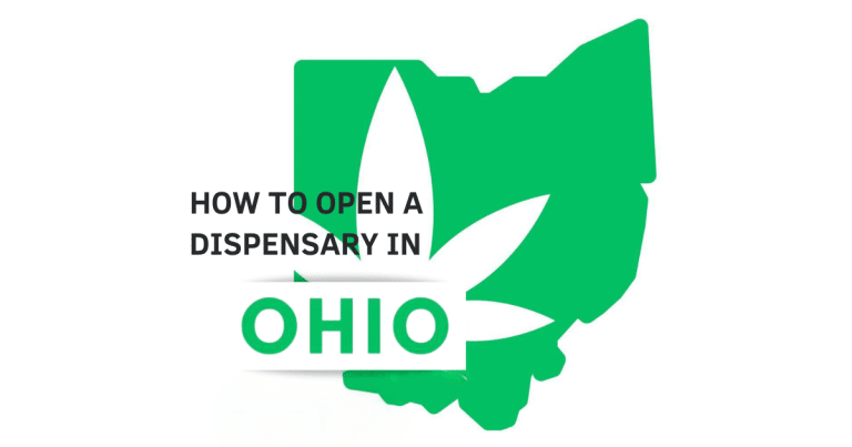 "How to Open a Dispensary in Ohio" text with a green map of Ohio and a cannabis leaf